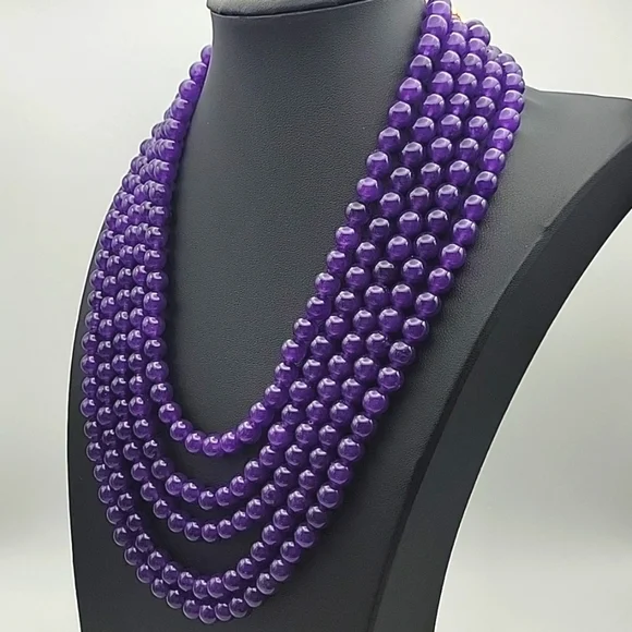 1025 Cts Natural 5 Strand Amethyst Round Shape Beaded Natural Gemstone Necklace - Picture 3 of 6